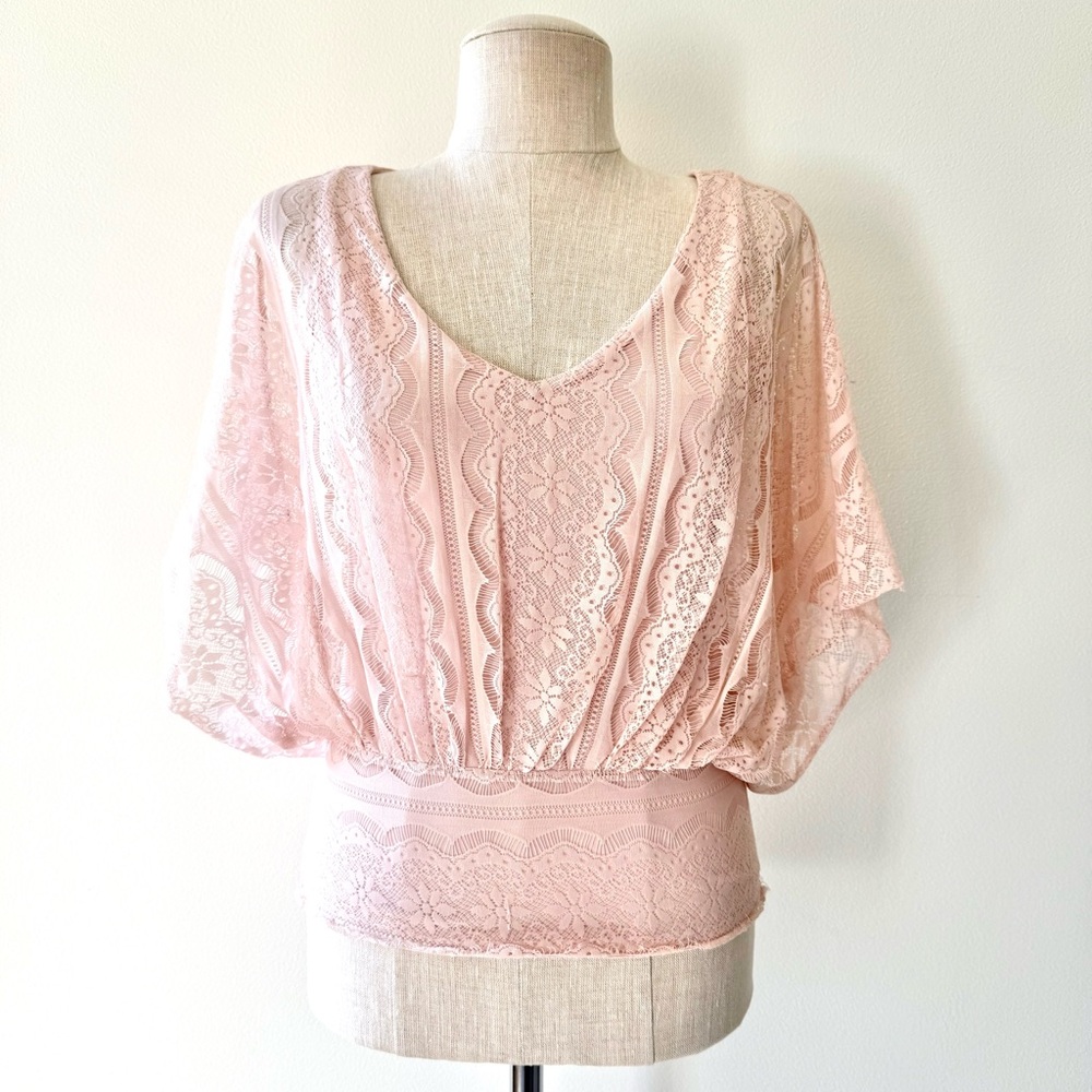 Elle Pink Lace V-Neck Dolman Sleeve Romantic Coquette Boho Balletcore Blouse - Picture 7 of 11